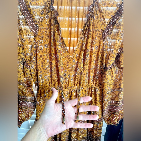 House of Harlow 1960 Boho Mini Dress - Sz Large - Mustard Brown - Floral- Ruffle - Picture 11 of 13